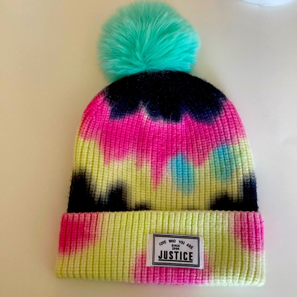 Justice girls winter Pom hat beanie pastel tie dye